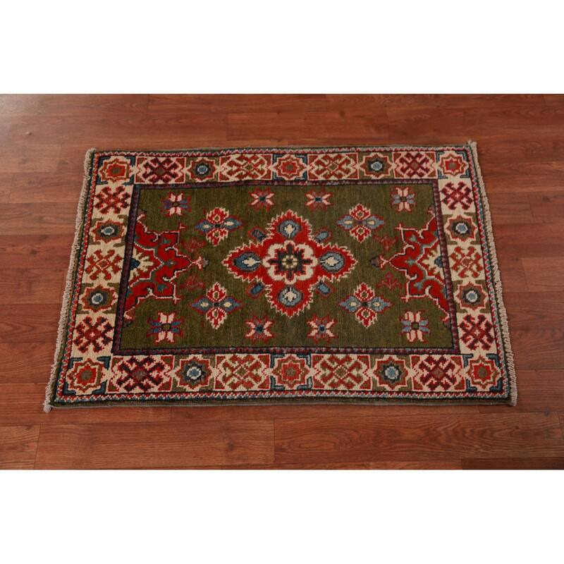 Green Kazak Oriental Foyer Rug Geometric Hand-Knotted Wool Carpet - 2'0"x 3'0"