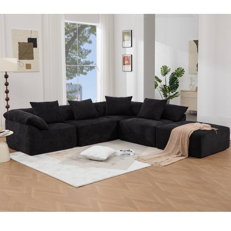 142" L Shaped Modular Sectional Sofa, 5 Piece Couch, Convertible Sleeper, Chenille, Black