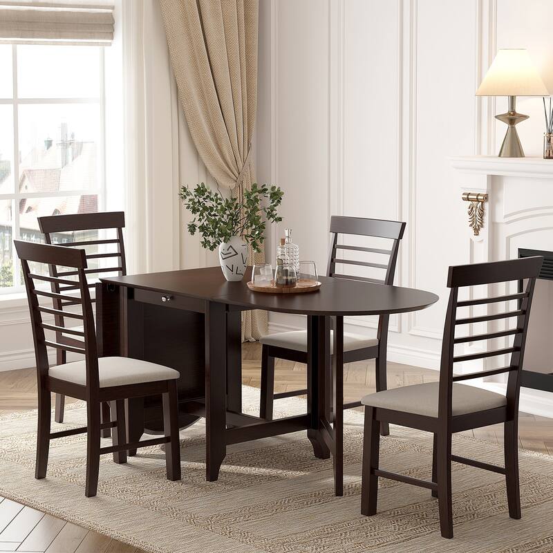 5 Pieces Dining Set Solid Wood DropLeaf Table & Padded Dining Chair