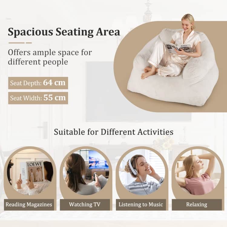 Beige Velvet Bean Bag Chair with Ergonomic Design and Padded Armrests - 51" x 44" x 27"