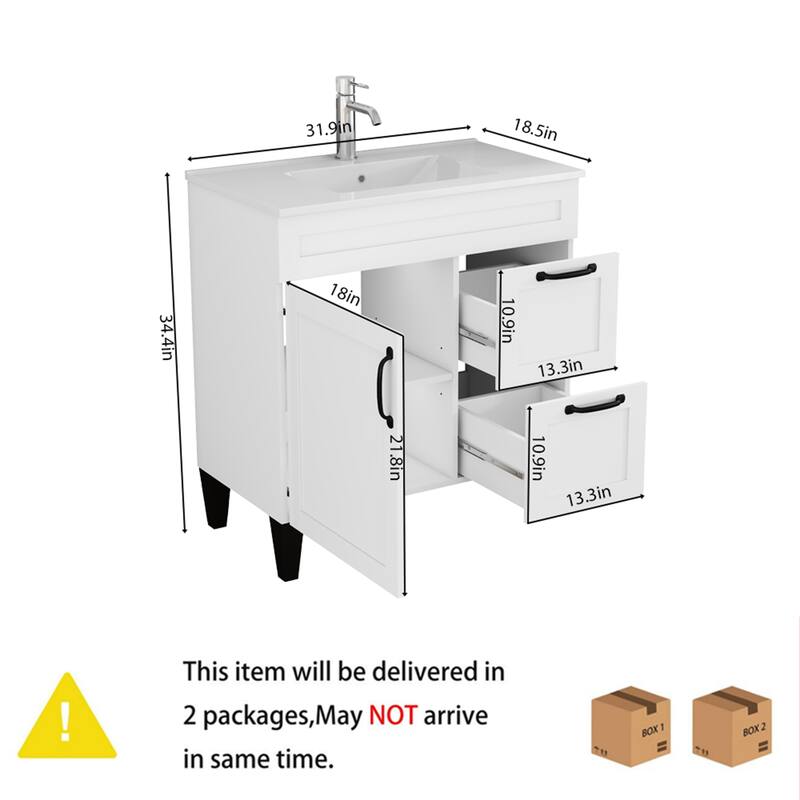 36" Bathroom Vanity with Ceramic Sink - Soft-Close Drawers, Solid Wood Frame, Multi-Organizer Storage