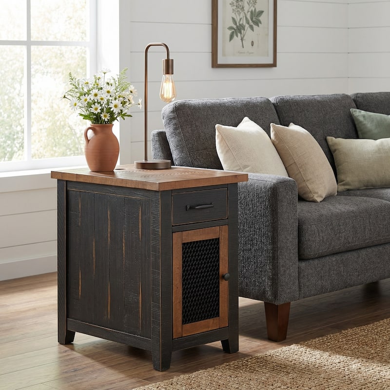 Rustic Solid Wood Chairside End Table with Hidden Charging Station - Black and Honey with Two-Toned Honey Door