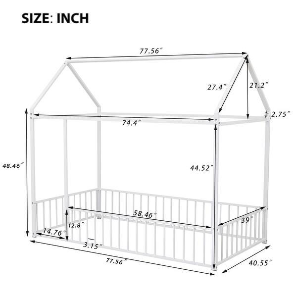 dimension image slide 4 of 6, Metal House Bed Frame with Fence and Roof for Kids, Teens, Girls, Boys