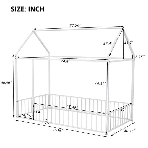 White Twin Size Metal House Bed Frame with Fence & Roof