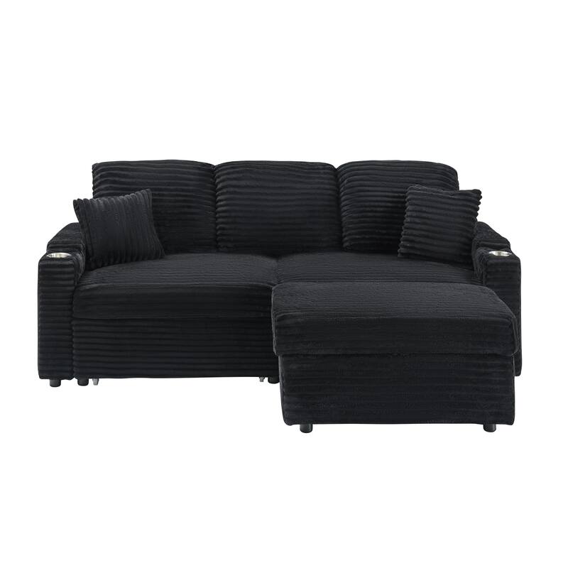 80-inch Foldable Hidden Black Corduroy Sofa with Cup Holders, Footrest and Storage Function