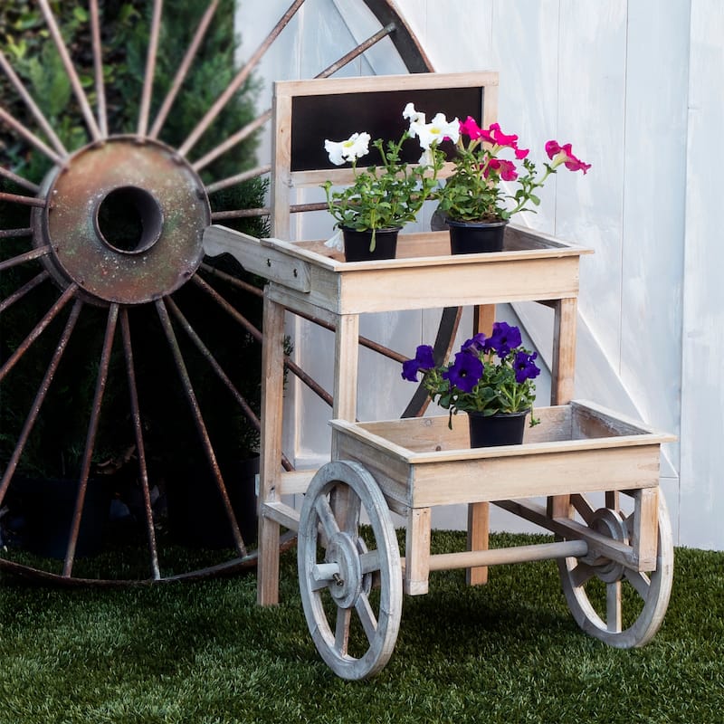 Alpine Corporation 34" Tall Indoor/Outdoor Wooden 2-Tier Plant Display Stand with Chalkboard and Wheels