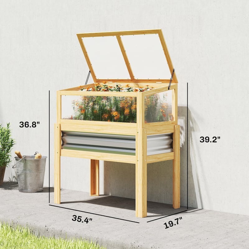Outsunny Wooden Raised Garden Bed with Flip-Up Greenhouse Top, Raised Garden Bed with Legs and Bed Liner