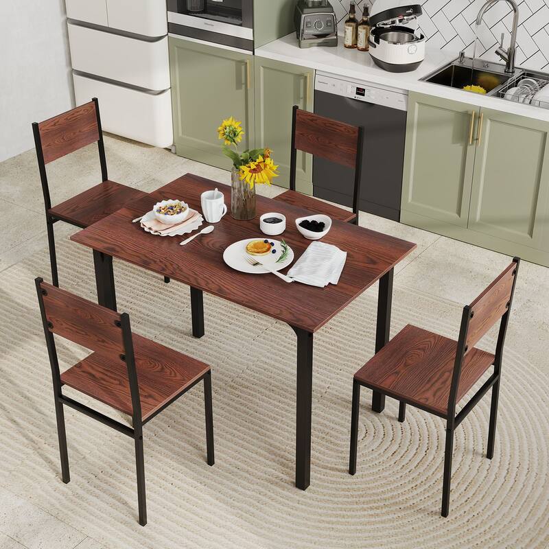 Walnut 5-Piece Dining Table Set with Metal Frame and Comfortable Chairs Perfect for Cozy Family Gatherings