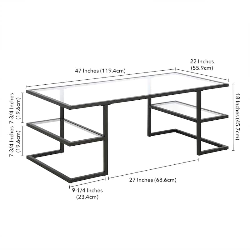 Sleek 47 Inch Rectangular Coffee Table with Glass Top and Steel Frame 2 Shelves for Storage - 47"L x 22"W x 18"H
