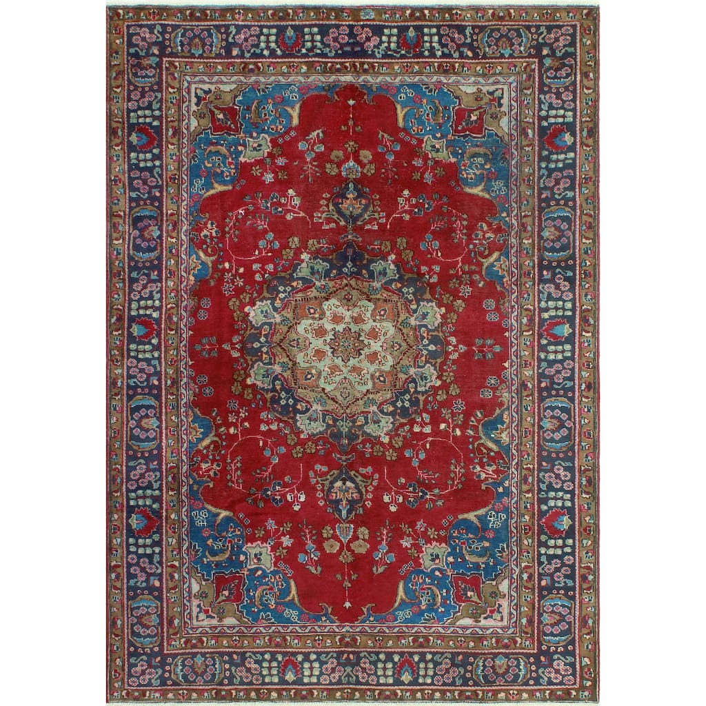 Vintage Distressed Betzabel Red/Navy Rug - 6'2" x 9'3"