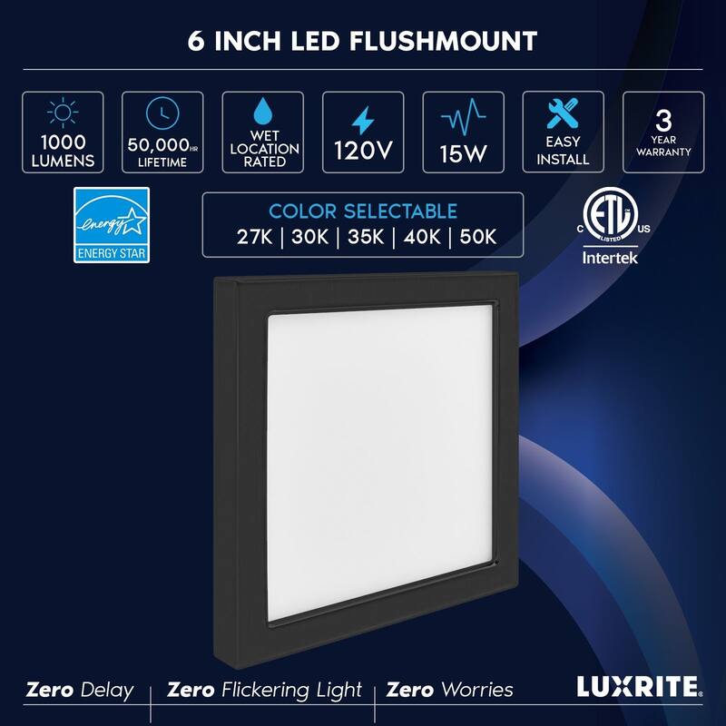 Luxrite 6 Inch Square LED Flush Mount Ceiling Light, 15W 1000LM, 5CCT 2700K-5000K, Dimmable - Black
