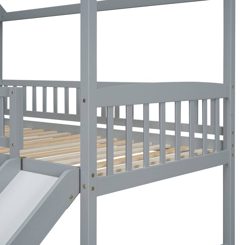 Twin Over Full Bunk Bed with Slide and Storage, Gray