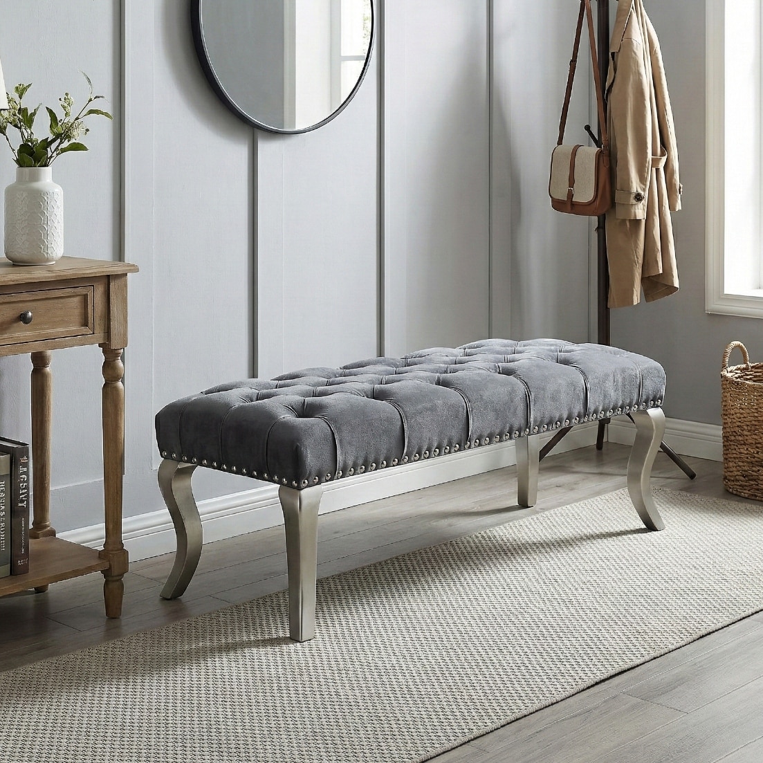 Roundhill Furniture Decor Maxem Tufted Upholstered Seat with Nailhead Trim Bench