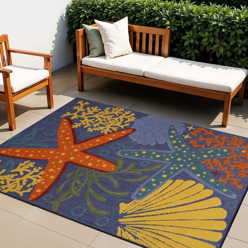 HomeRoots Starfish Contemporary Rectangle Outdoor Rug - 4' X 6' - Green/Orange/Blue - 4' X 6'