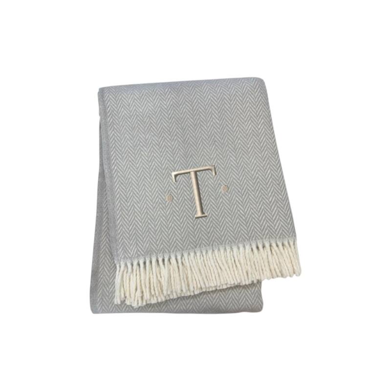55" X 70" Gray And White Herringbone Cotton Blend A Initial Throw Blanket with Tassels And Embroidery - T