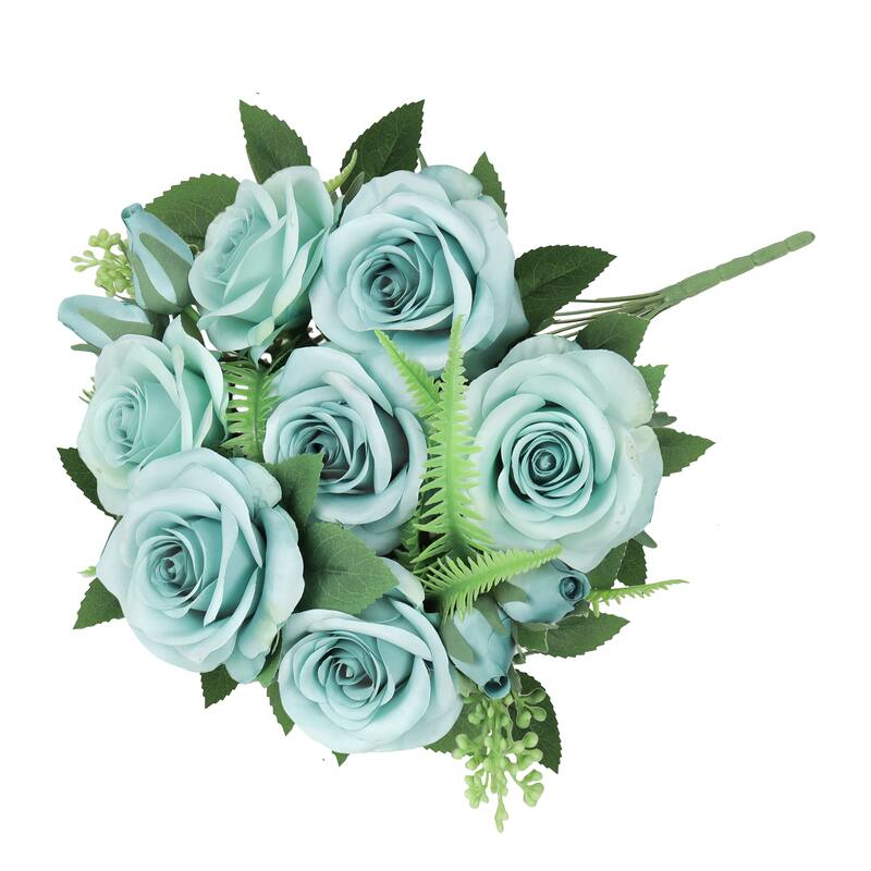 Set of 2 Light Turquoise Artificial Rose Flower Stem Bush Bouquet 18in - 18" L x 10" W x 10" DP