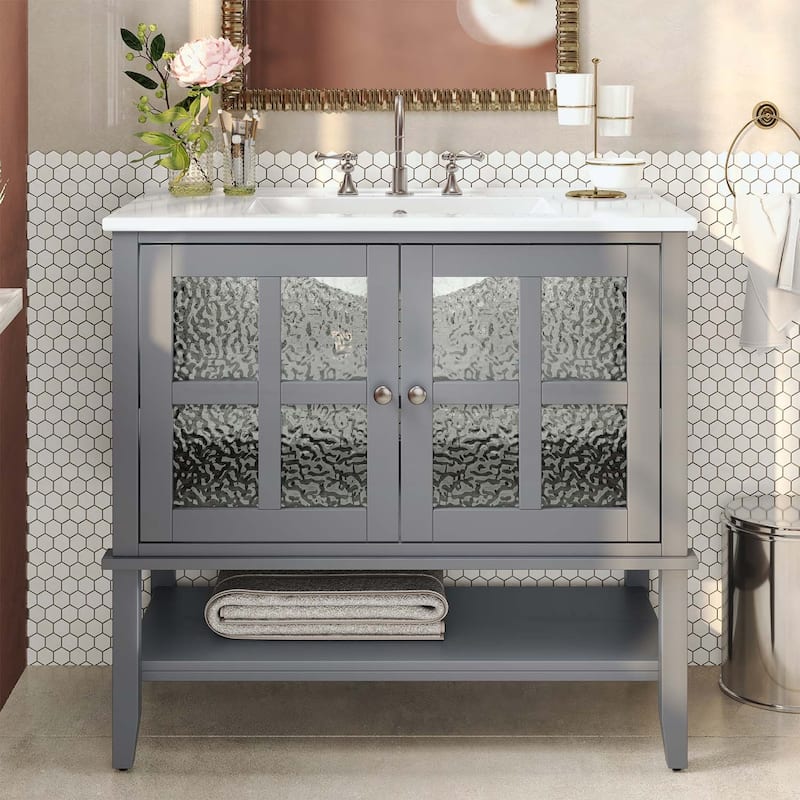 36 Inch Bathroom Vanity with Ceramic Sink,Adjustable and Open Shelves,Wood Legs