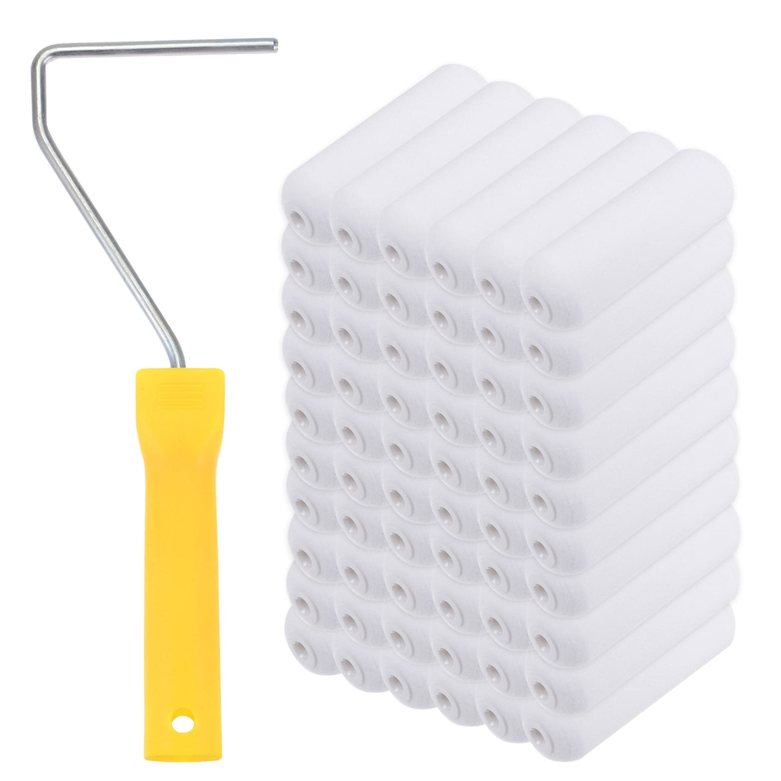 Paint Roller Kit 50pcs 4 inch Sponge Small Paint Roller Brush with Handle - Yellow, White