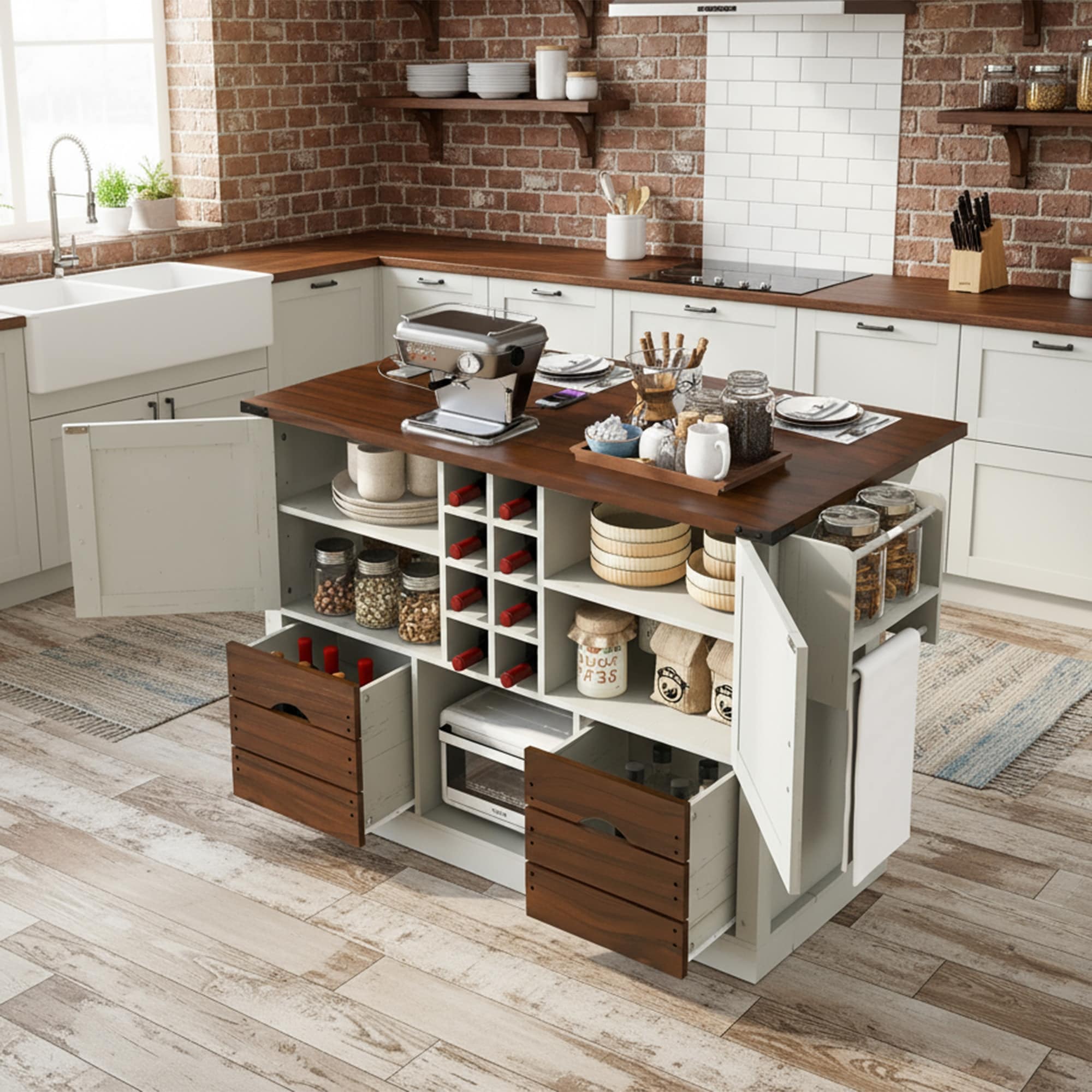 Farmhouse Rolling Kitchen Island with Drop Leaf & Charging Station, White Kitchen Cart with Wine Rack & 2 Cabinets