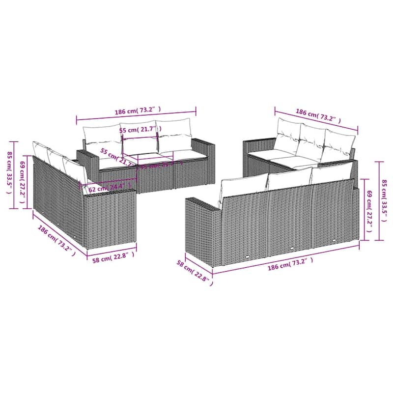 vidaXL Patio Sofa Set with Cushions Outdoor Conversation Furniture Poly Rattan - 25.8" x 24.4" x 27.2"