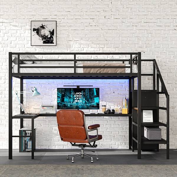 slide 2 of 23, Full /Queen Size Metal Loft Bed with L-shaped Desk,USB,Wardrobe,LED for Bedroom Full
