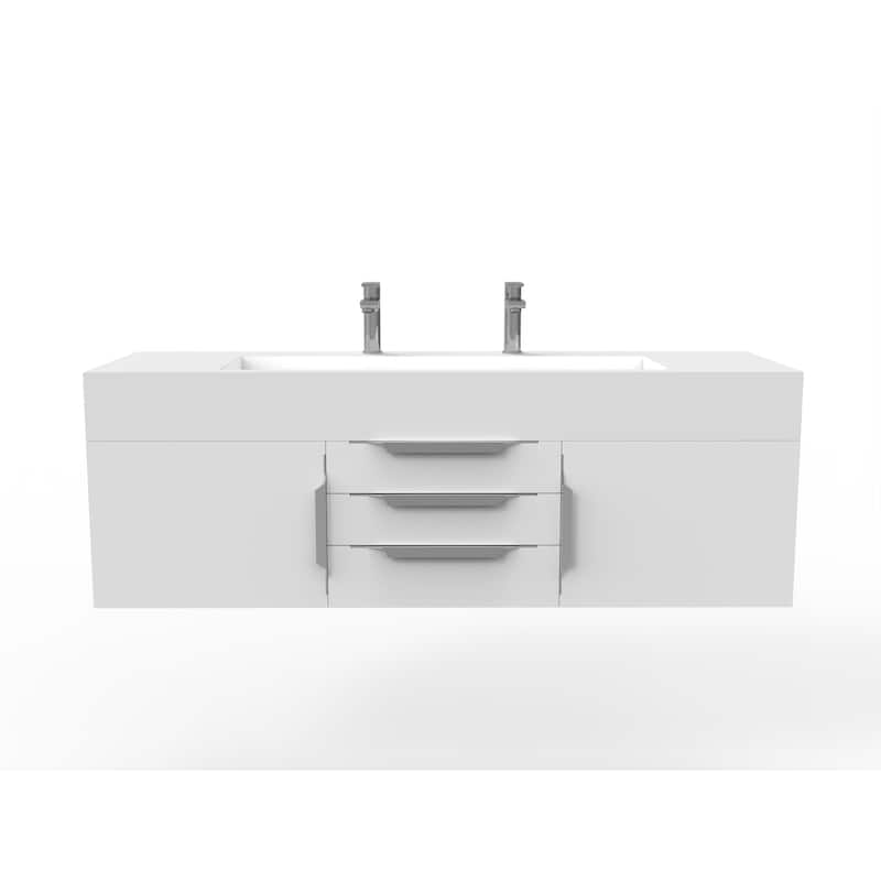 Nile 60" Wall Mounted Bathroom Vanity Set w/ White Top - White - Brushed Nickel Finish