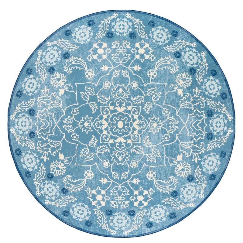 Martha Stewart Gaelle Machine Washable & Slip Resistant Rug - 6' Round - Blue/Beige