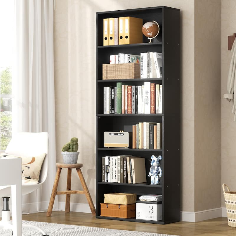 6-Tier Wooden Bookshelf - Rustic Storage Shelf for Living Room, Office & Bedroom , Easy Assembly - Black