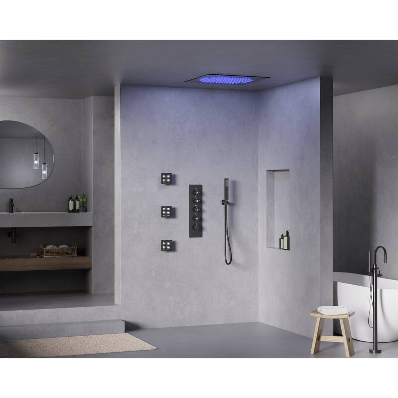 GRANDJOY Thermostatic Shower System 20" Ceiling Mount Shower Head Handheld Spray and Body Jets Combo LED Music