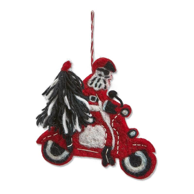Santa on Moped Christmas Ornament - Red Wool Tree Decoration - 5.5" x 5" x 0.5" - Dust Clean