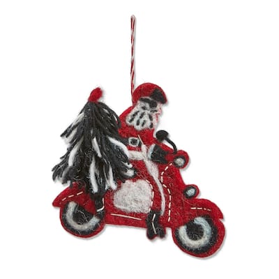 Santa on Moped Christmas Ornament - Red Wool Tree Decoration - 5.5" x 5" x 0.5" - Dust Clean