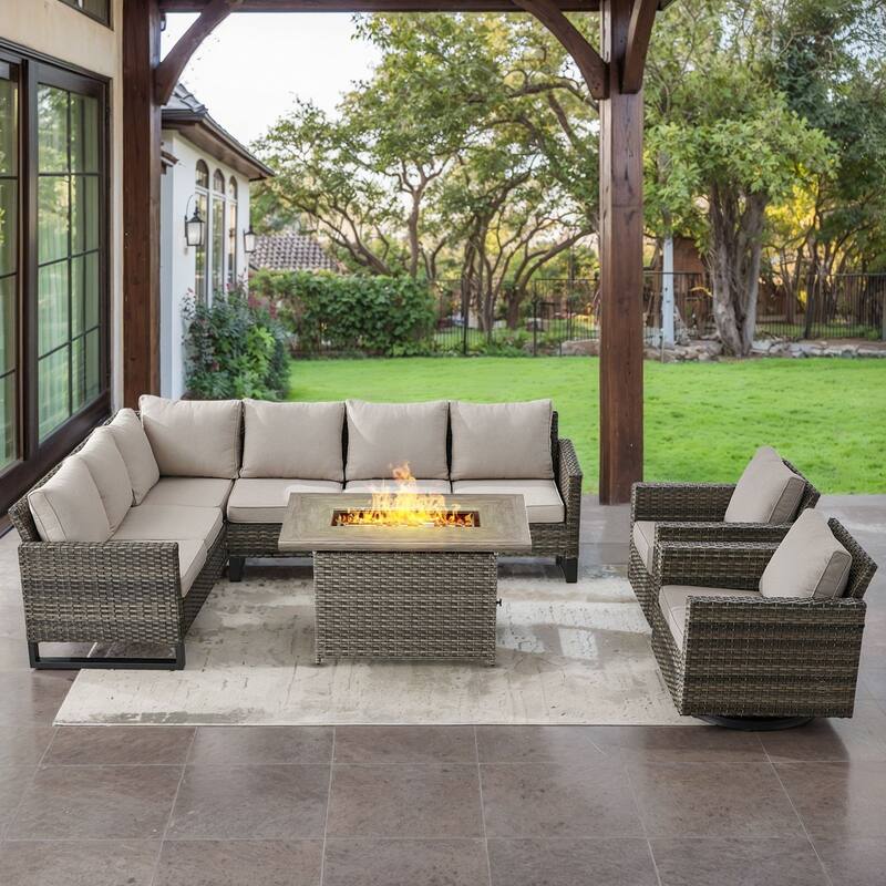 Gymojoy L-Shaped Outdoor Corner Sectional Sofa 6-seats Couch Conversation Set - 4 PCS - Fire Pit & Swivel Chairs - Grey Wicker / Beige Cusion