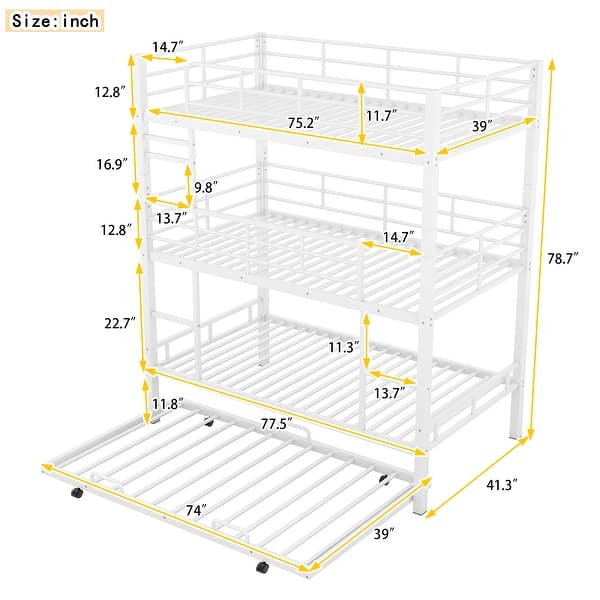 Metal Twin Size Kids Triple Bunk Bed with Trundle, Heavy Duty Steel Frame, Full-Length Guardrails, White