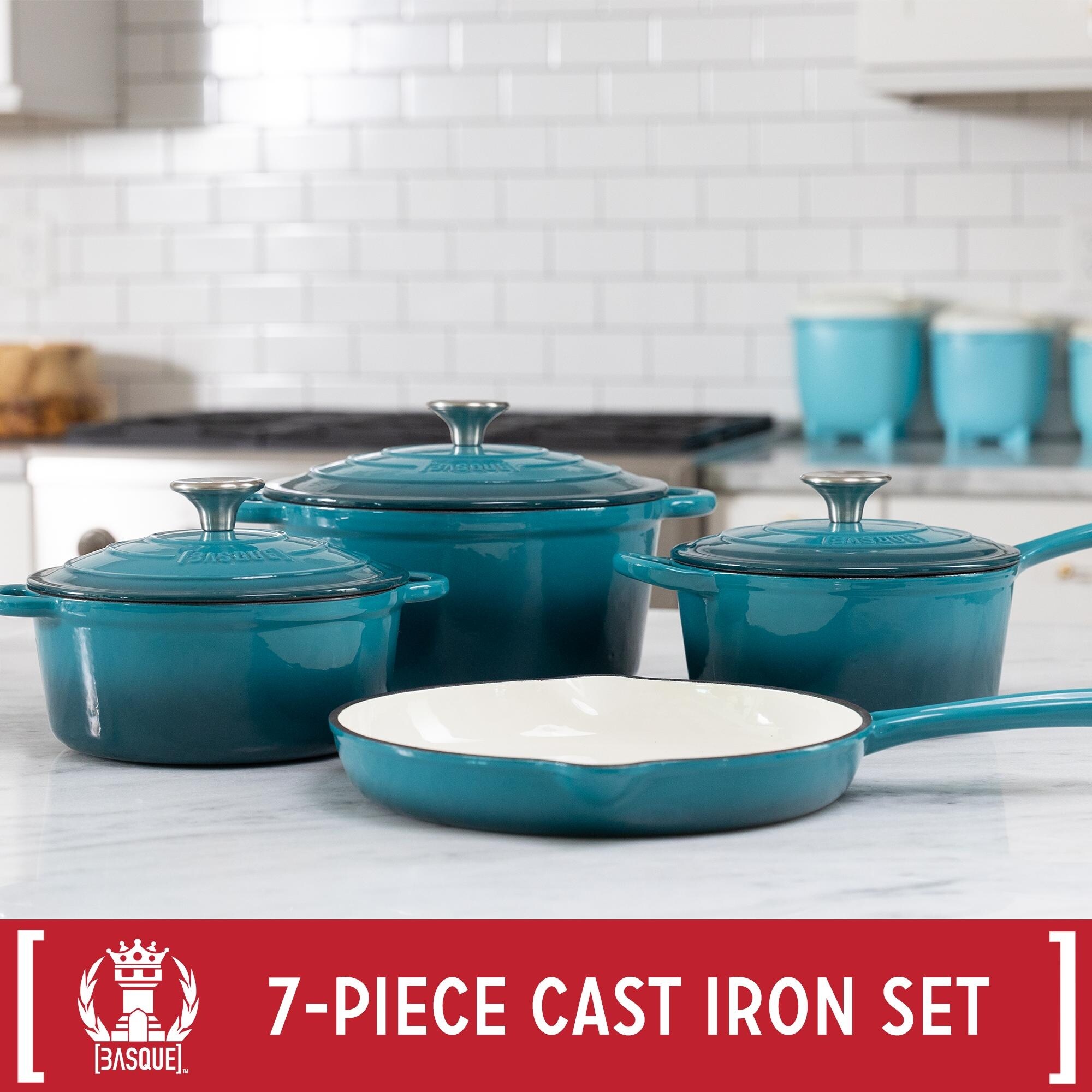 Basque Enameled Cast Iron Cookware Set, 7-Piece Set (Biscay Blue),  Nonstick, Oversized Handles, Oven Safe - Bed Bath & Beyond - 37003441
