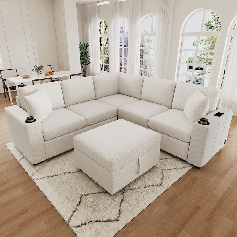 Convertible Sectional Sofa with Pull-out Sofa Bed and Dual Cup Holders