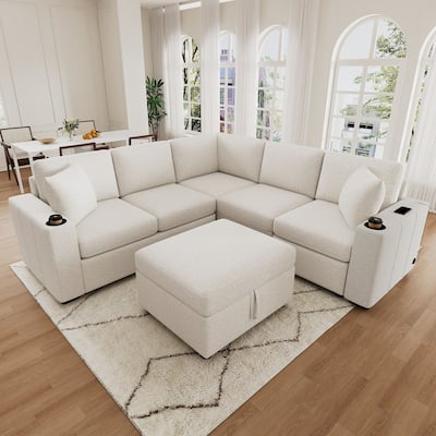 Modern Modular Sectional Sofa with Pull Out Bed and Storage Ottoman and USB Ports for Living Room or Guest Room