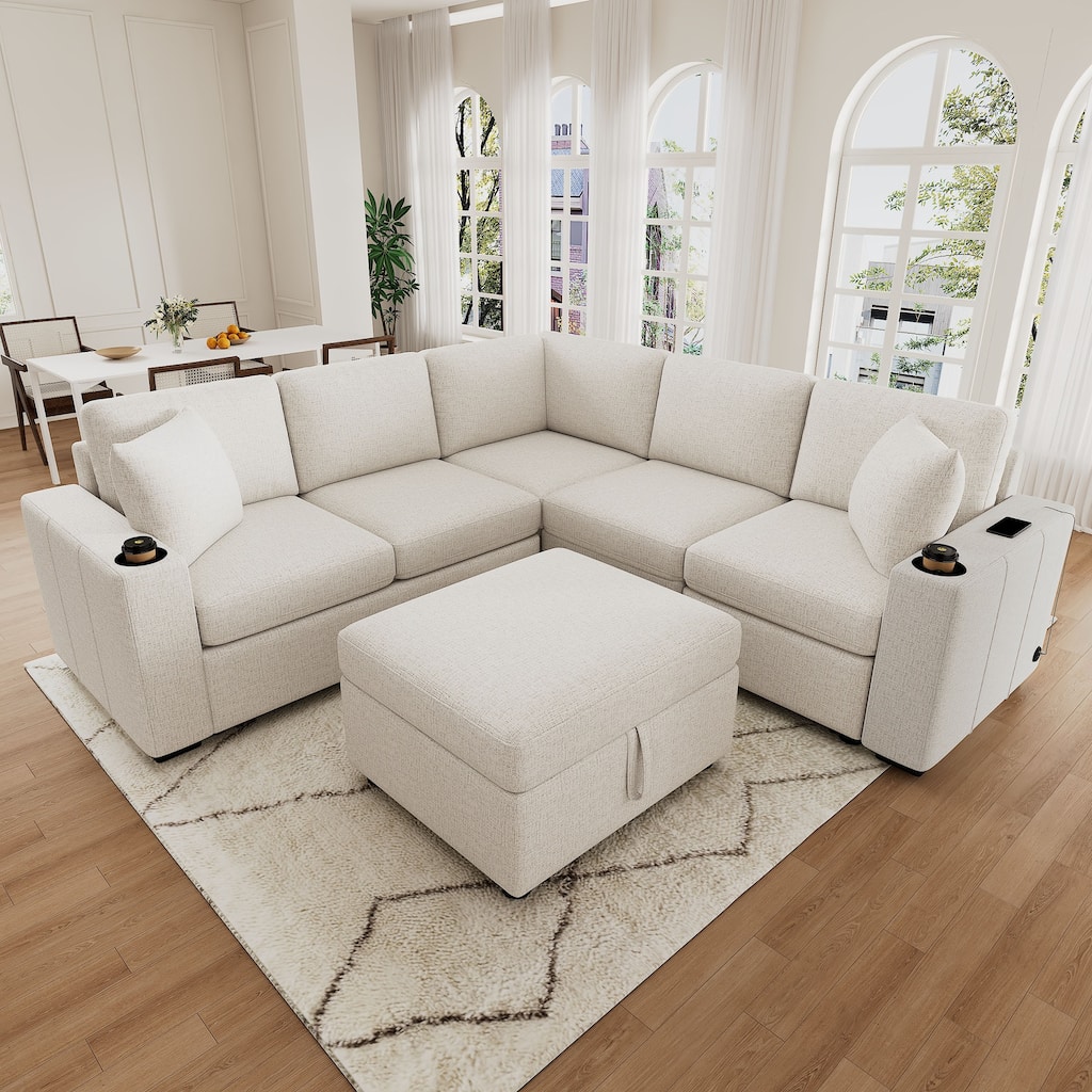 Modern Modular Sectional Sofa with Pull Out Bed and Storage Ottoman and USB Ports for Living Room or Guest Room