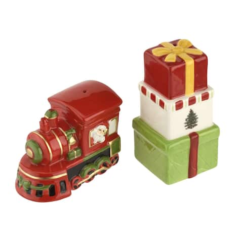 Spode Christmas Tree Train Salt and Pepper Set - Train: 2.25x2.25x3; Gift stack: 3.5x1.65x1.65