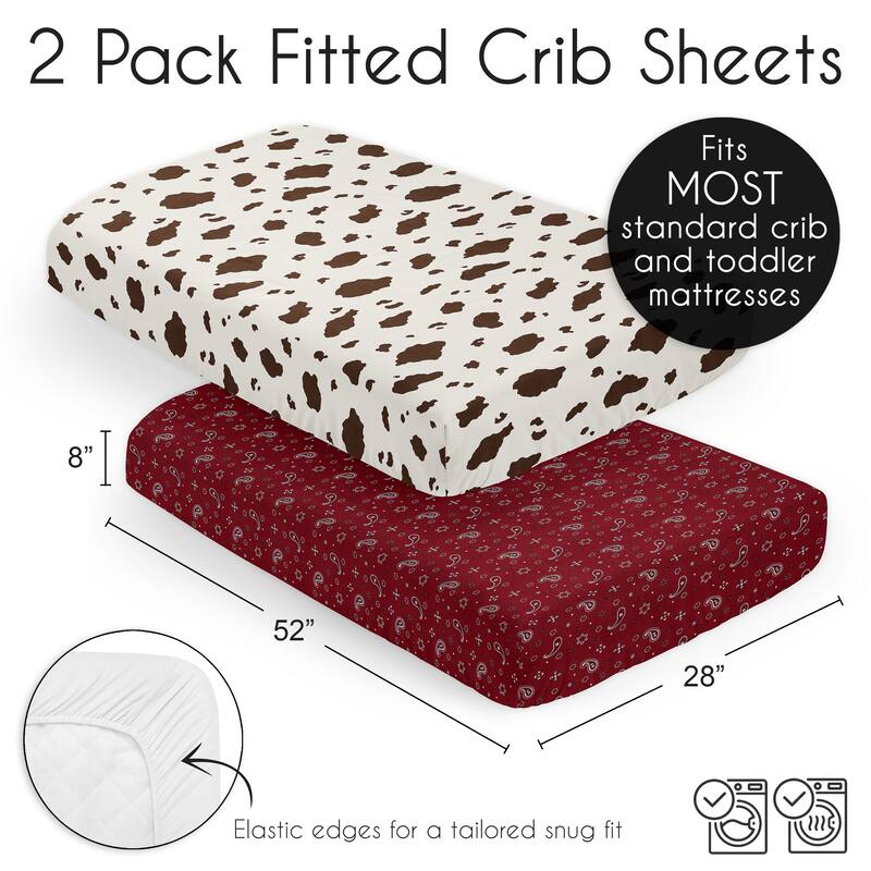Wild West Collection Boy Girl 2 Pack Fitted Crib Sheets Gender Neutral Southern Cowboy Country Red Brown Cream Off White Animal