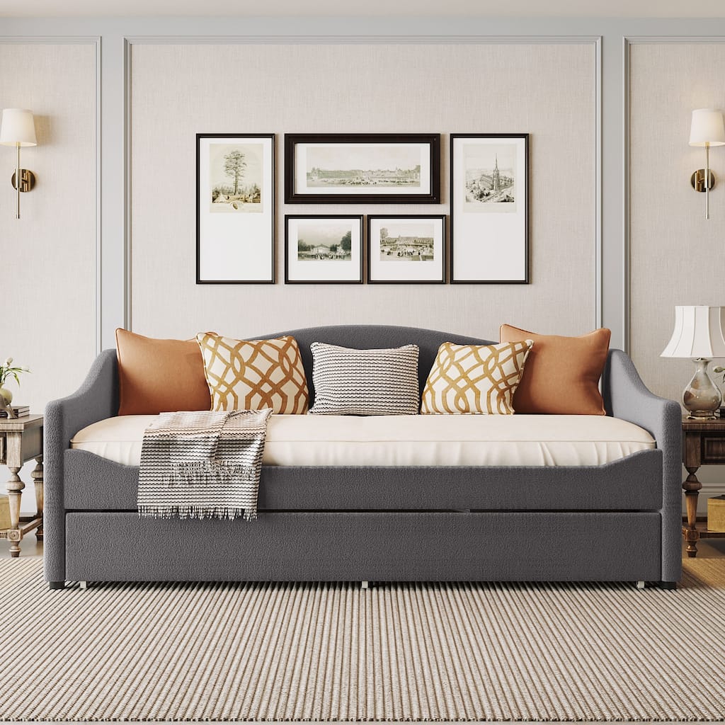 Twin Size Comfort & Soft Daybed with LED & Trundle, Curve Design, Gray