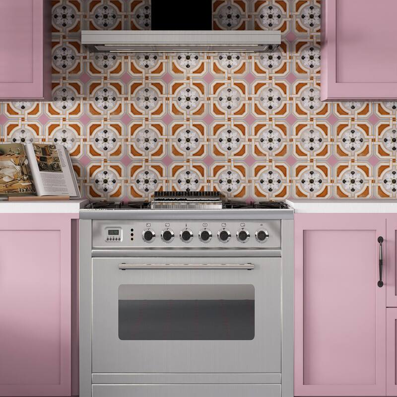 Merola Tile Vaudeville Octagon Deco Zimer with Taco Pink 7-7/8" x 7-7/8" Porcelain Floor and Wall Tile - Case (50 Tiles)