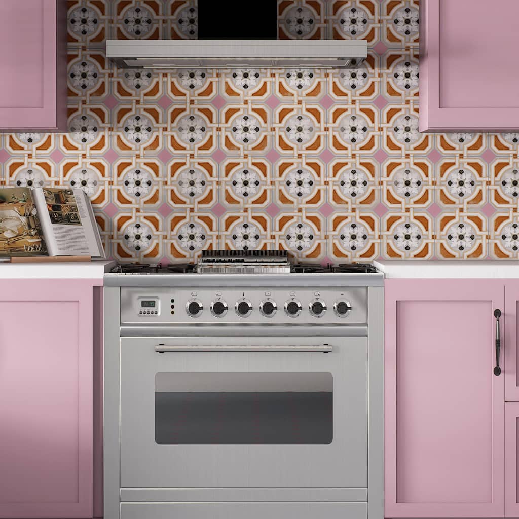 Merola Tile Vaudeville Octagon Deco Zimer with Taco Pink 7-7/8" x 7-7/8" Porcelain Floor and Wall Tile
