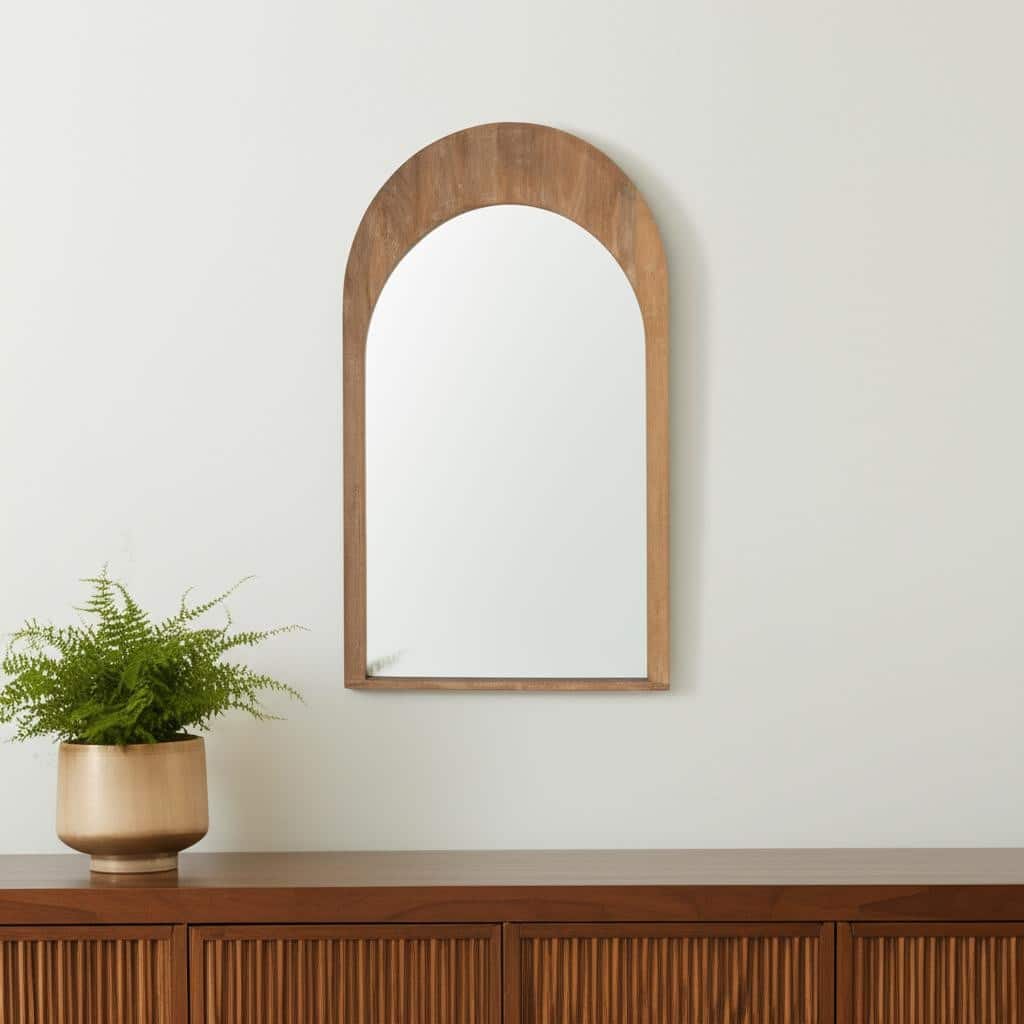 HomeRoots 48" Light Brown Solid Wood Arch Framed Accent Mirror - 30.00 in. x 48.00 in. x 1.00 in.