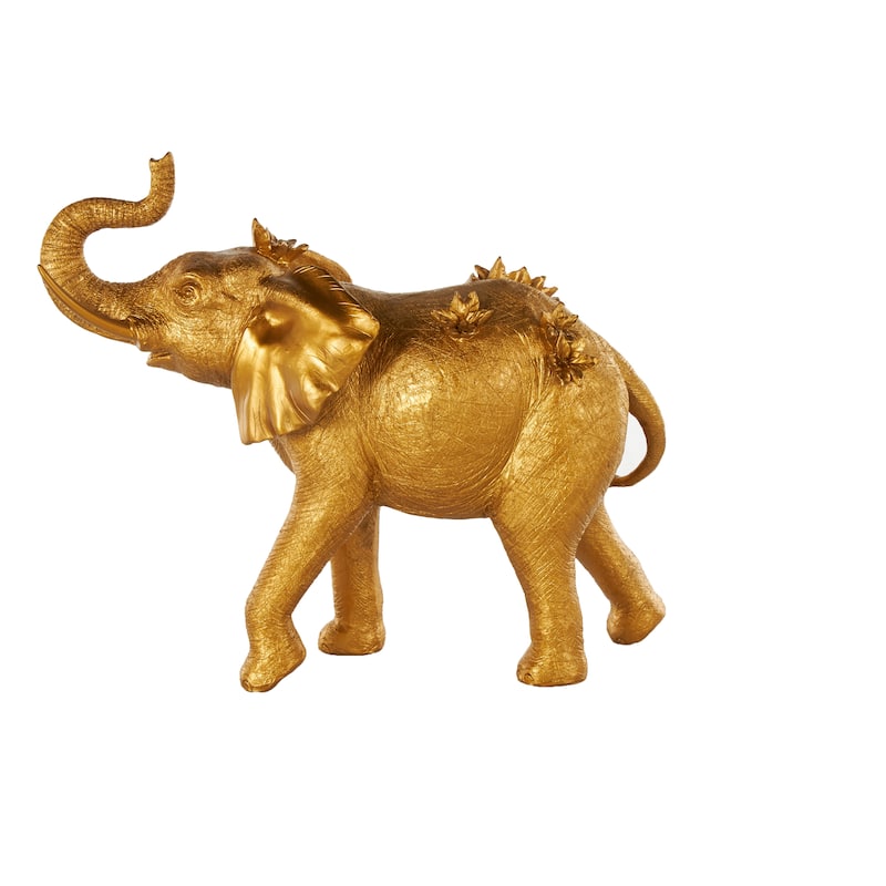 Gold Resin Walking Elephant Decorative Sculpture with Floral Accents - 9"W x 22"L x 19"H