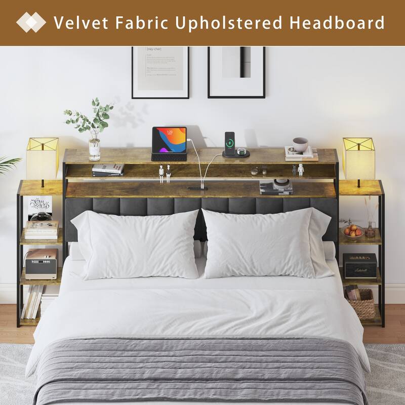 Queen King Size Platform Bed Frame with Storage, LED Lights, and Charging Station, Velvet Upholstered Headboard for Bedroom