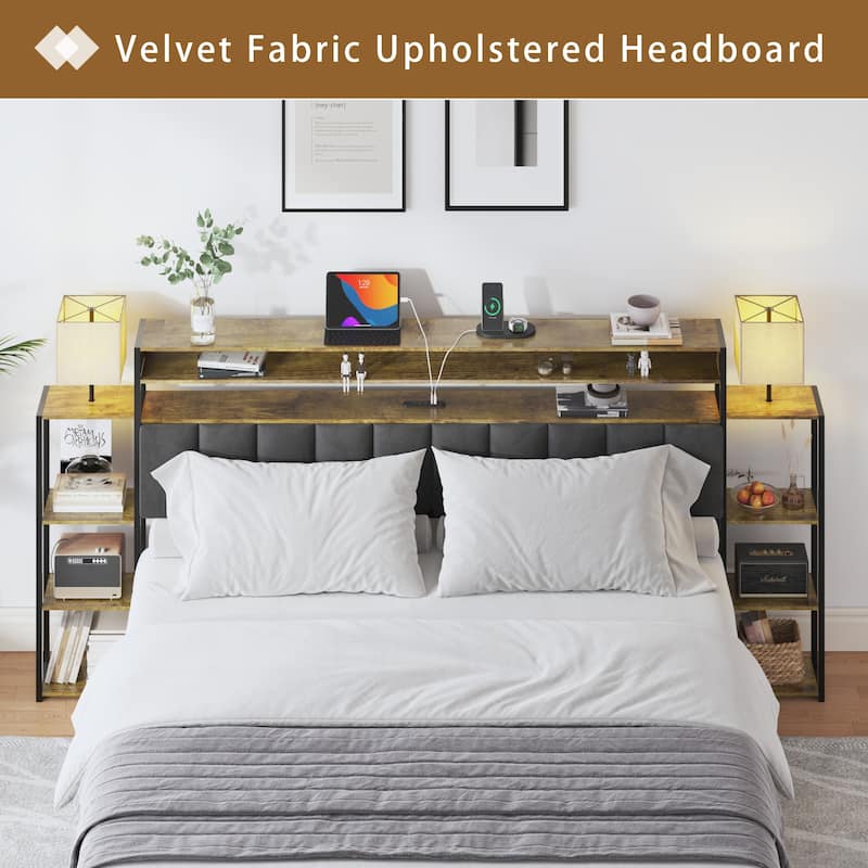 Queen Size Platform Bed with LED Lights and Charging Station