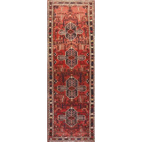 Geometric Red Heriz Persian Vintage Runner Rug Handmade Wool Carpet - 4'0" x 13'1"