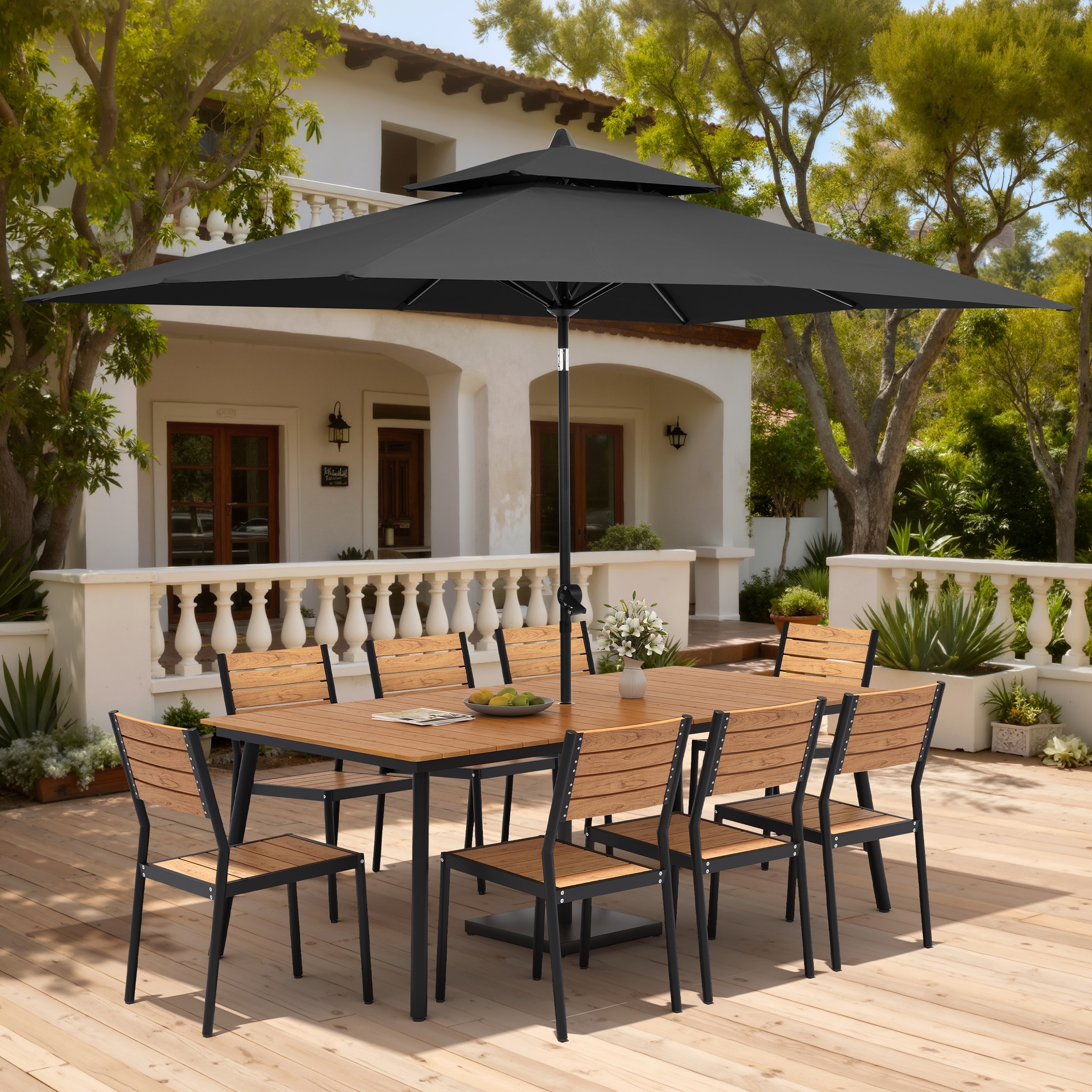 11PC Outdoor Patio Dining Set Aluminum Table with Stackable Chairs w/ Market Umbrella Set