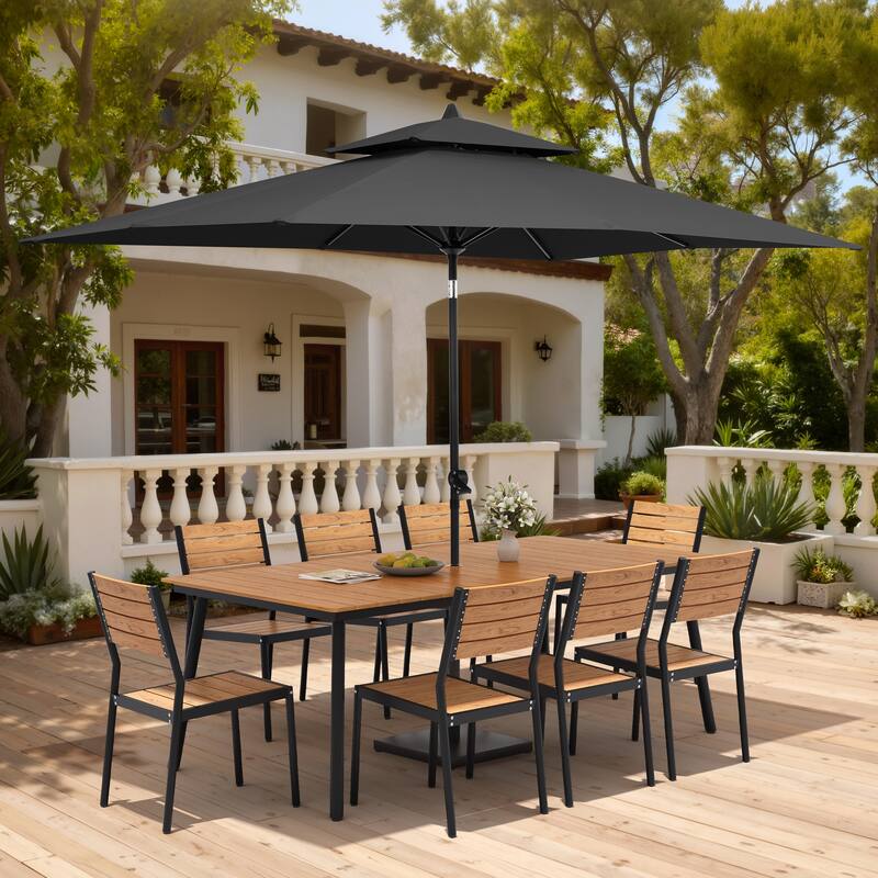 11PC Outdoor Patio Dining Set Aluminum Table with Stackable Chairs w/ Market Umbrella Set - BrownTable&BrownChairs&BlackUmbrella