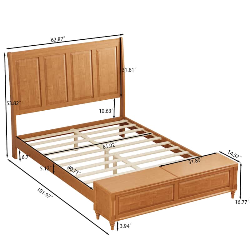 GDFStudio - Traditional Solid Wood Sleigh Bed Frame with High Paneled Headboard & Storage Chest Bench, No Box Spring Needed